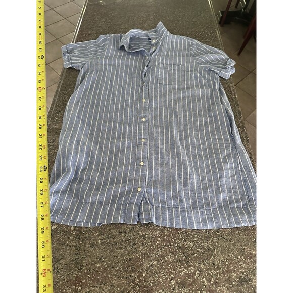 Old Navy Striped Shirt Dress L  Linen Blend Short Sleeve Button Front pockets - Picture 10 of 10